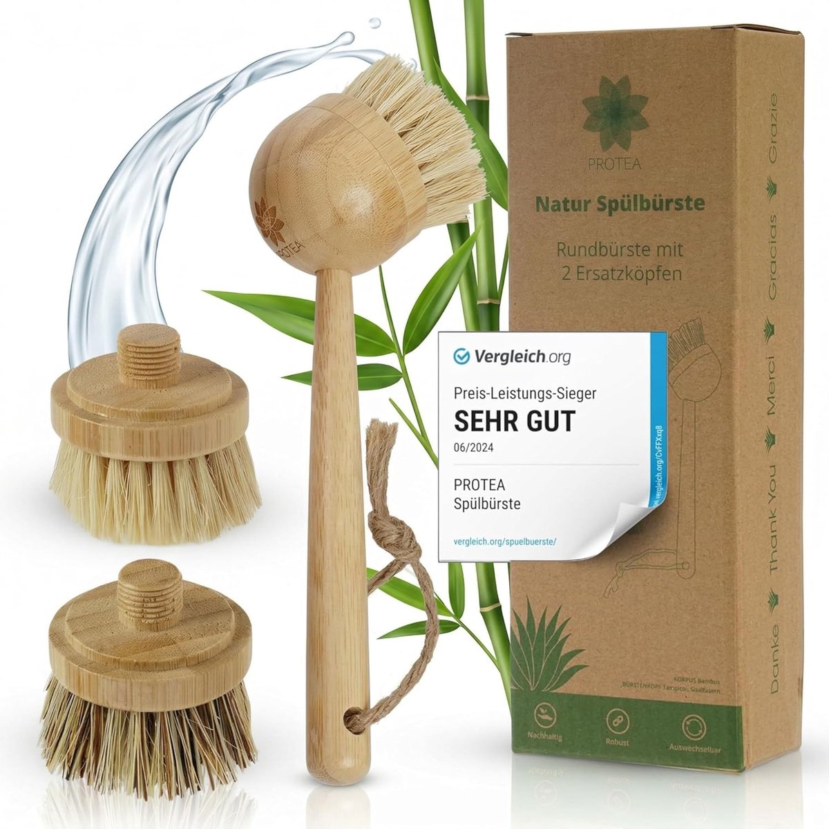 Thijox - Protea Vaatborstel Set van 3 - Duurzame Reinigingsborstel met Vervangbare Koppen - Natuurlijke Vezels - Veganistisch - Bamboe en Sisal - Keuk