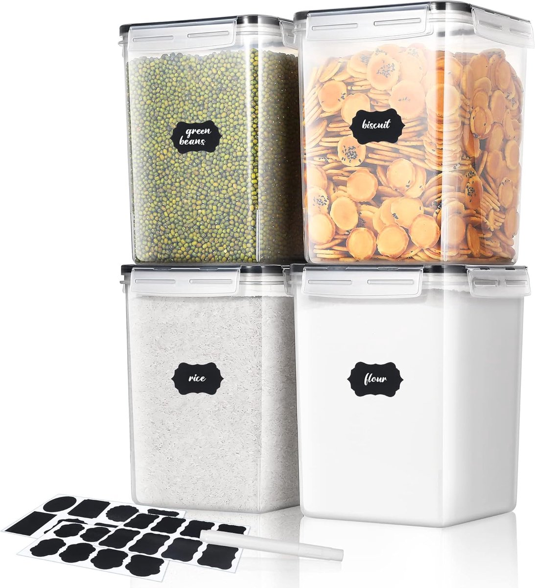 Thijox - 5,2L Grote Luchtdichte Voorraaddozen Set van 4 - BPA-vrij Plastic Opbergdozen met Deksel, Krijtmarker en Etiketten voor Keuken, Suiker, Pasta