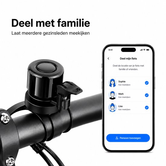 GPS tracker fiets - Werkt met Apple Find My & Android Find Hub - Inclusief GPS tracker - Fietsbel - Zonder abonnement - Onbeperkte lokalisering - Vervangbare batterij - Met geluidssignaal - Fiets tracker - Anti diefstal - Waterdicht - Zwart