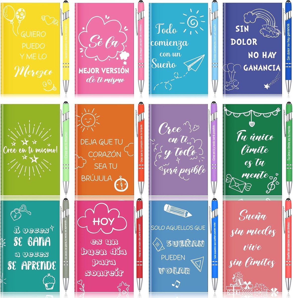 12 Mini Notitieblokken en 12 2-in-1 Pennen met Motivational Spaanse Spreuken, Perfect Cadeau voor Collega's en Leraren, Ideaal voor Kantoor en School