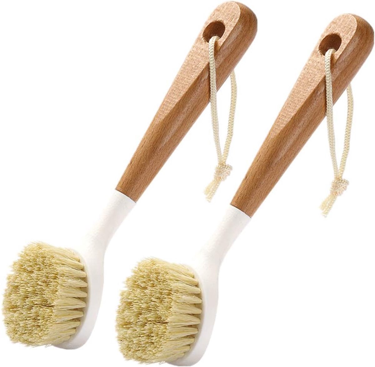 SnelShoppen - Dish Brush 2 Stuks Afwasborstel met Lange Houten Handgreep en Ophangkoord voor Keuken, Badkamer, Huishouden, Vloeren en Tegels Schoonmak
