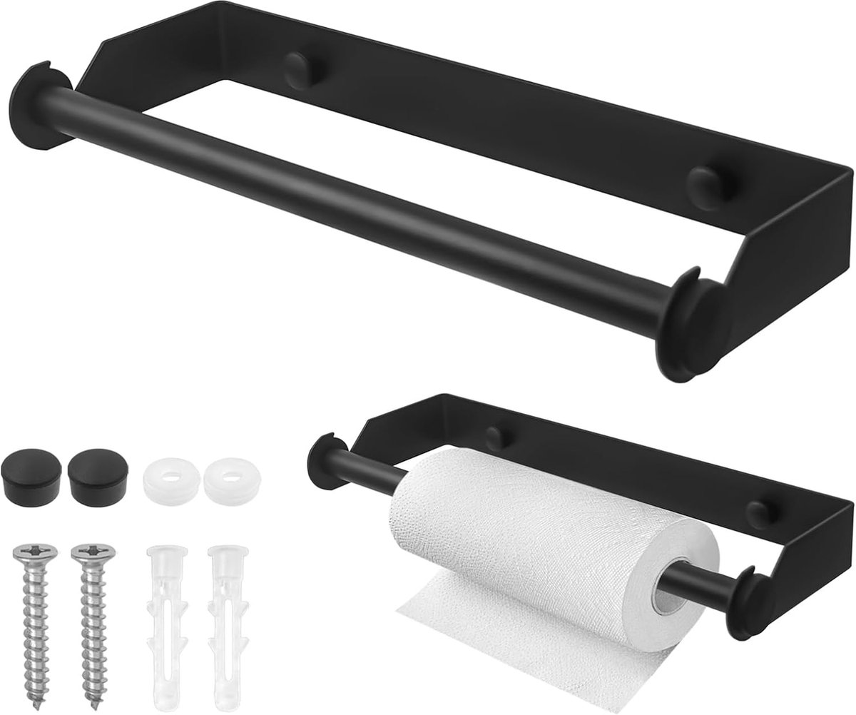 Thijox - Keukenrolhouder Wandmontage - Roestvrijstalen Papierrek voor Papieren Handdoekrol - 33 cm - Zwart - Voor Keuken en Badkamer