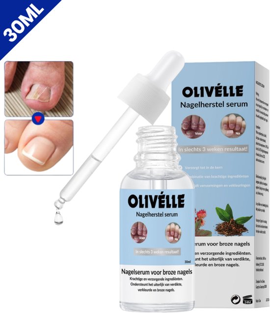 Flesje met druppelaar voor nagelherstel serum. Voor en na foto's van gezonde nagels en nagels met schimmel. Text: "In slechts 3 weken resultaat!"