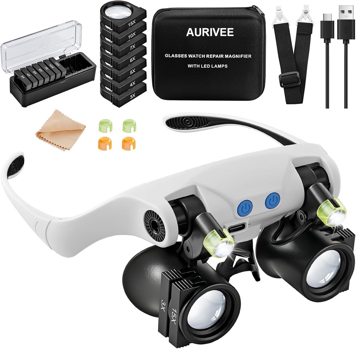 Thijox - Hoofdband-vergrootglas met LED-lamp, 7 verwisselbare lenzen (3x, 15x) voor juweliers, horlogereparatie, fijnwerk, handwerk, elektronica en mo