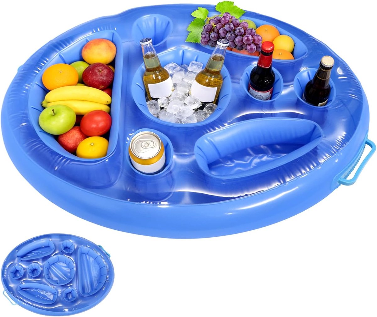 Thijox - Opblaasbare Bekerhouder voor Zwembad, 8 Gaten, Grote Drijvende Snack- en Drankenhouder, Blauw, Ideaal voor Feestjes, Strand en Badkuip