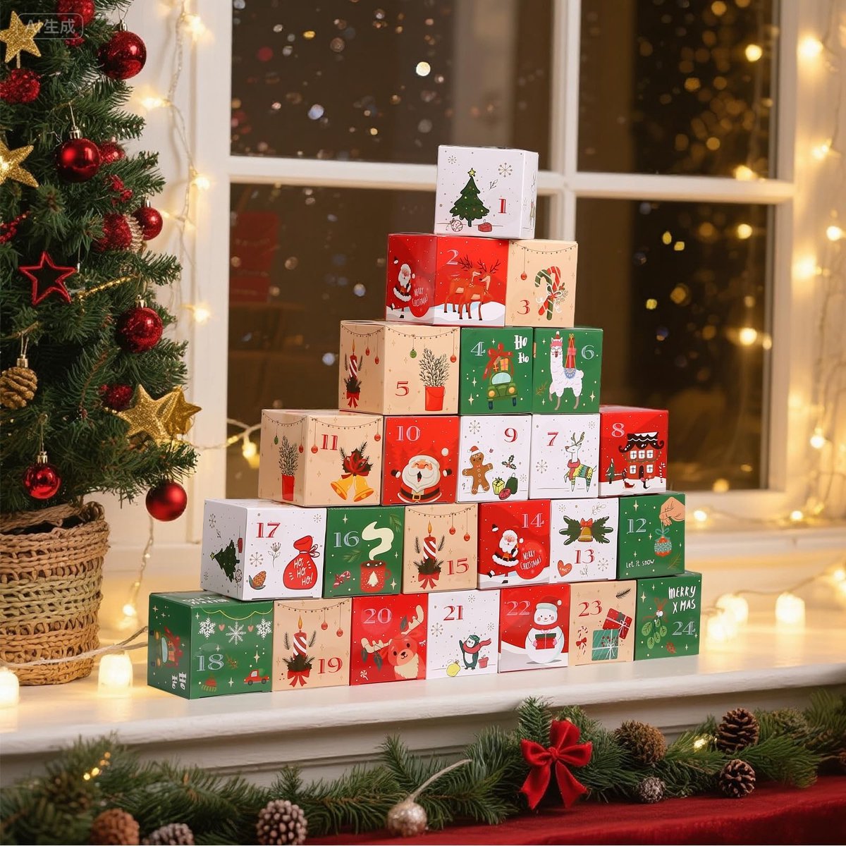 Inovra - Kesote Adventskalender om te vullen, 24 dozen, kerstkisten, dozen, rood en groen, geschenkdozen, wit, karton met cijferstickers om te knutselen en neer te zetten, kerstdecoratie voor kinderen