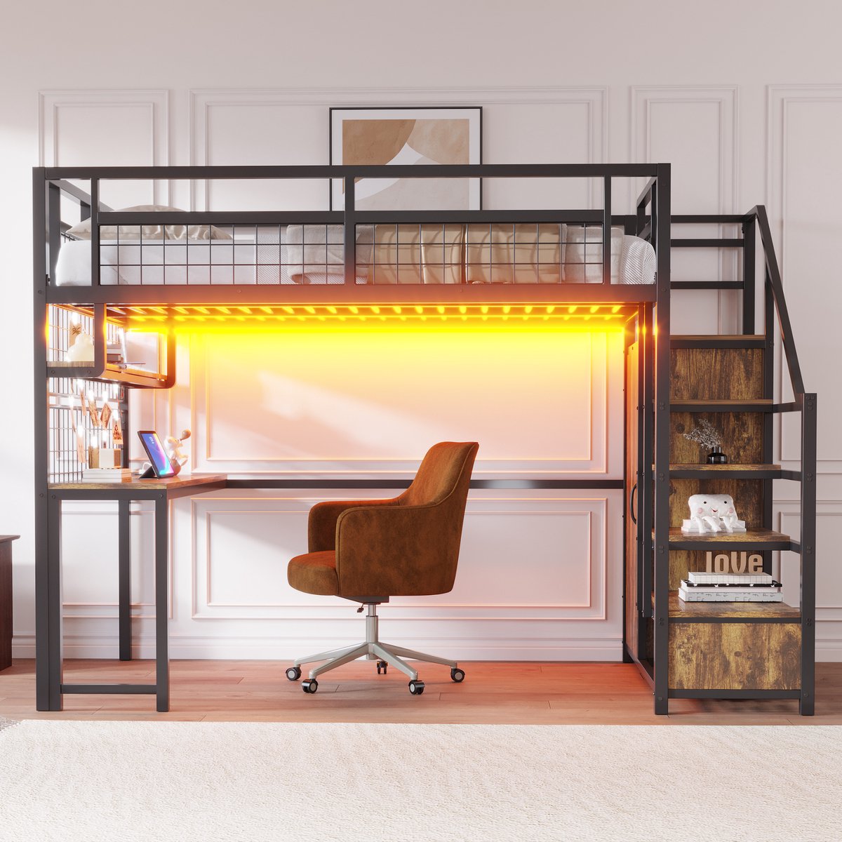 Hoogslaper 140 x 200 cm - met opbergladder en kast - met plank - bureau - draadrek - met verlichting en stopcontact - zwart - zonder matras