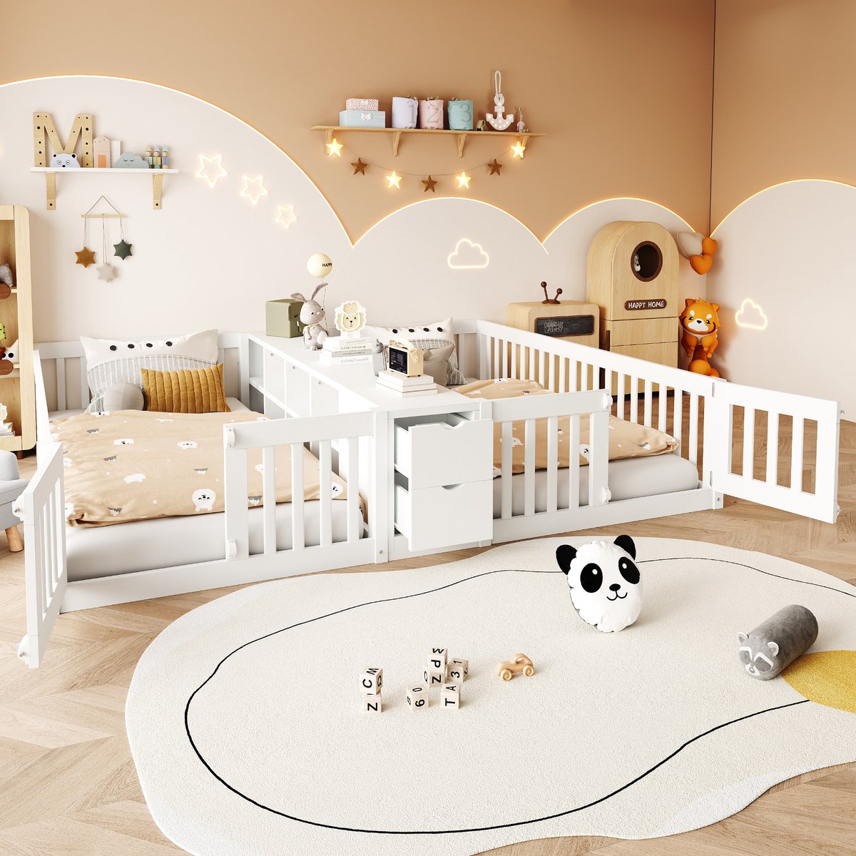 Kinderbed 90 x 200 cm - met laden en dubbel boekenkastje - tweepersoonsbed met veiligheidshek - hoog hoofdeinde - wit - zonder matras