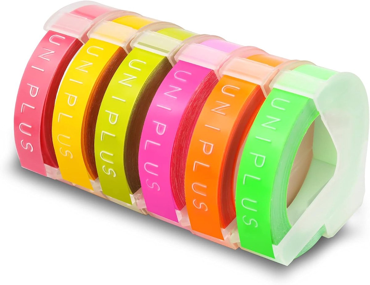 Thijox - 6 Rollen Compatibele 9 mm Embossingtape voor Dymo Omega Label Tape, Geel/Roze/Olijfgroen, Fluorescerend Roze/Oranje/Groen, 3D Vinyl Embossing