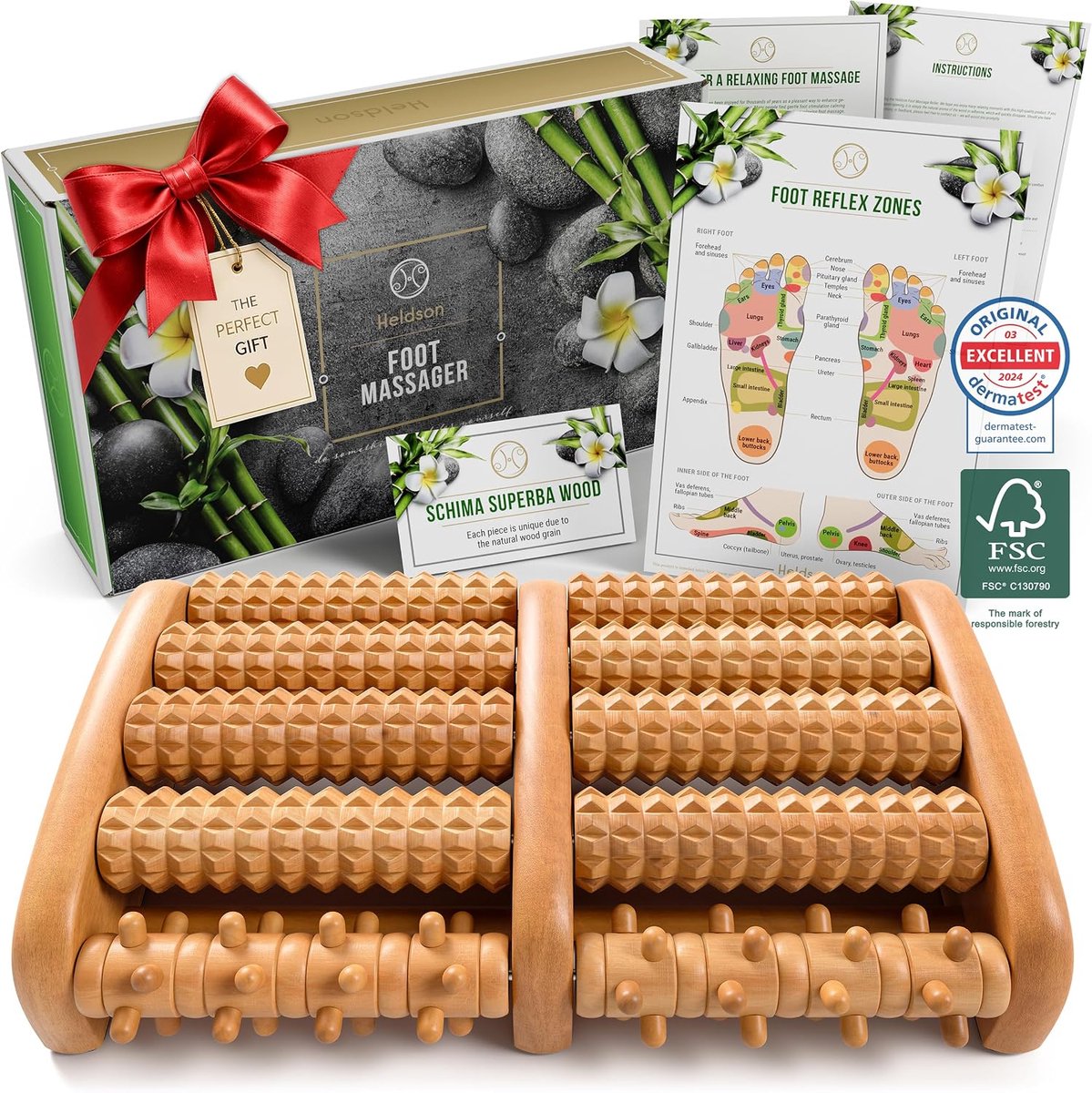 SnelShoppen - Voetmassageroller Hout FSC 100% - Duurzaam Voetmassageapparaat - Extra Brede Massage Roller voor Hielspoor - Incl. Reflexzonekaart - Hoo