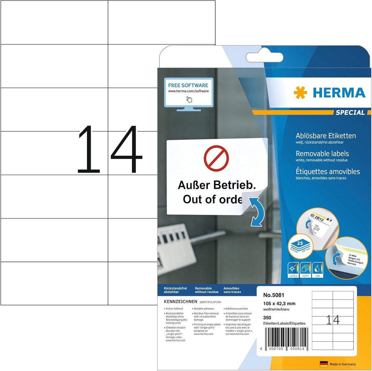 Thijox - HERMA 5081 Universele Etiketten A4 Afneembaar Zelfklevend 105 x 42,3 mm 350 Stuks Wit - Mat Papier Bedrukbaar voor Printer