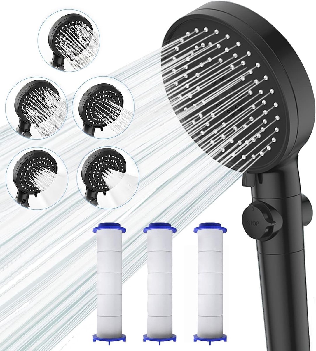 Thijox - Douchekop Antikalk met Filter, Waterbesparende Handdouche met 5 Straalsoorten, Hogedruk Douchekop met Stopknop, Zwart voor Optimale Douche-Er