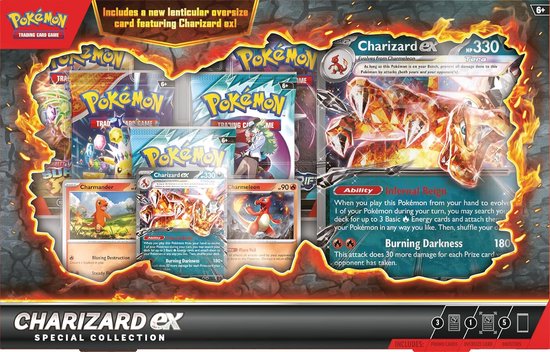 Pokémon Trading Card Game Charizard EX Special Collection box met vuur en explosies. Bevat kaarten van Charmander, Charmeleon en Charizard EX.