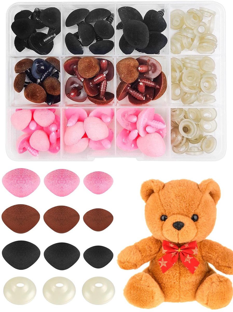 Dailygoods- Veiligheidsneus 54 Stuks - 3 Maten - Zwart/Bruin/Roze - Flocking - Kunststof - Inclusief Doos - Knuffeldier Neus