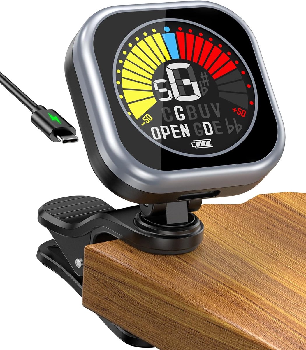 Thijox - Gitaartuner Stemapparaat LCD Clip voor Gitaar, Bas, Ukelele, Viool, Chromatisch - Grijs, 360 Graden Draaibaar Scherm, Compact en Lichtgewicht