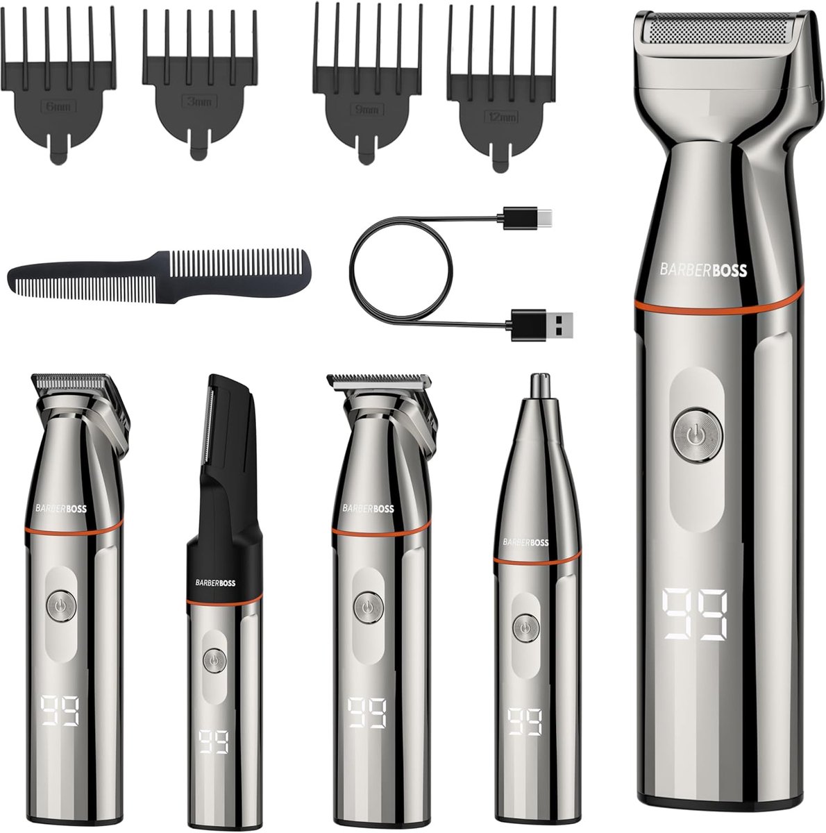 Thijox - Draadloze Baardtrimmer voor Heren, 5-in-1 Scheerapparaat met Tondeuse, Neustrimmer, USB-C Opladen, Roestvrijstalen Mesjes, Bodygroomer voor T