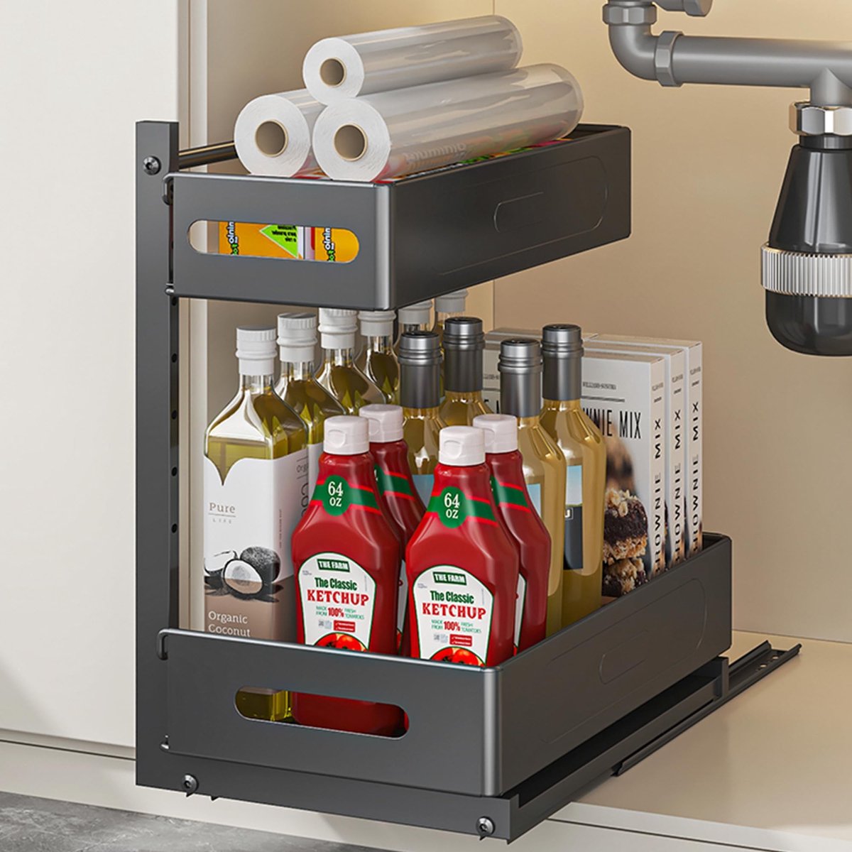 Dailygoods- Keukenorganizer 2-laags - Uittrekbaar opbergrek - Onder de gootsteen - Metalen organizer - Hoogte verstelbaar - Duurzaam koolstofstaal
