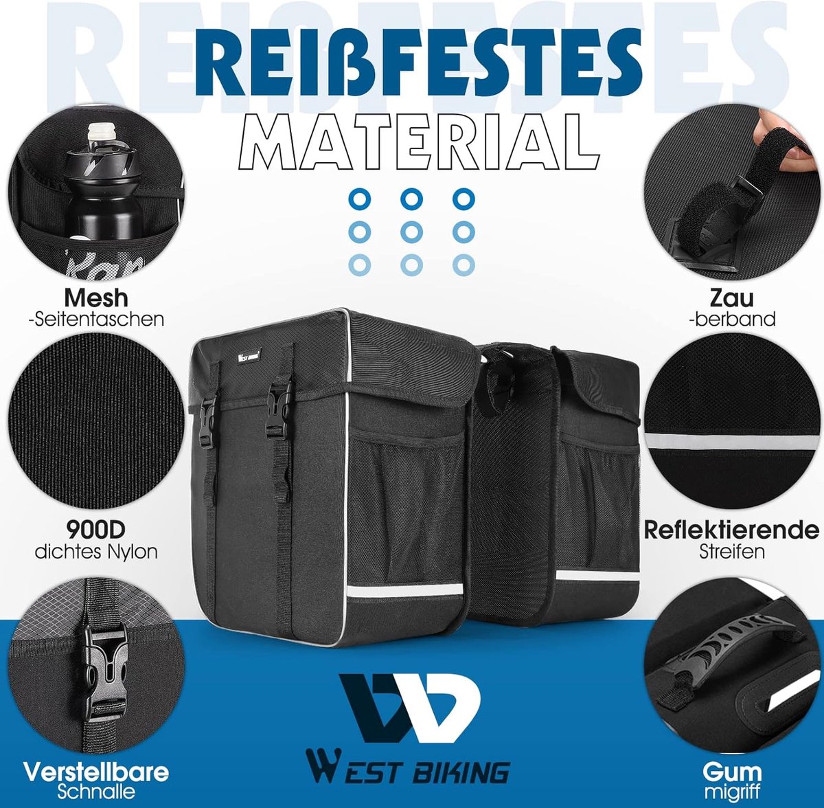 Thijox - Fietstas dubbele tas 30L waterdicht bagagedragertas voor pendelaars met scheurvast materiaal en regenbescherming, grote bagagetas met reflect