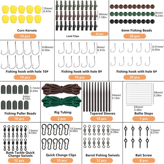 SnelShoppen - 300 Stuks Visaccessoires Karper Set - Vishaken, Anti-Klit Hulzen, Diverse Viswartels, Karper Hair Rigs, Visharing Kralen, Rubber Stopper — afbeelding 2