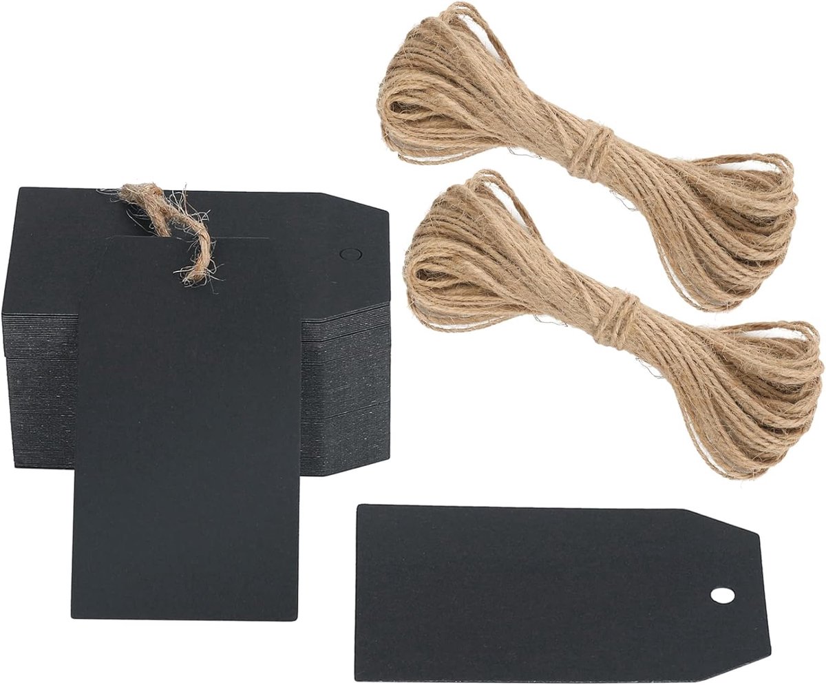Thijox - 100 Stuks Cadeauhangers Kraftpapier Hangers Etiketten Labels met Jute Koord - Zwart 4x7cm voor Bruiloft, Geschenken, Kerstmis en Tafeldecorat