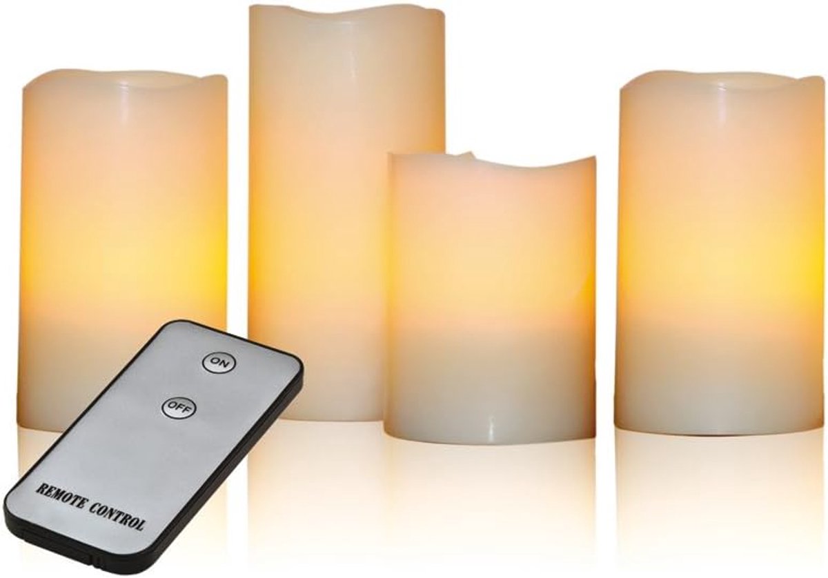 SnelShoppen - LED Wax Kaarsen Set van 4 met Afstandsbediening - Vlammen Flickeren - Echt Was - Pilaren van 10 cm tot 15 cm - Ideaal voor Feestdagen, A