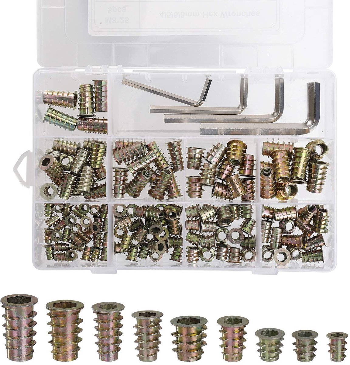 Dailygoods- Schroefdraad Insert Moer Zinklegering - Assortiment 149 stks - 9 Specificaties M4/M5/M6/M8 - Inclusief 4 Inbussleutels - Duurzaam en Roestbestendig - Voor Houten Meubels - Schroefmoer