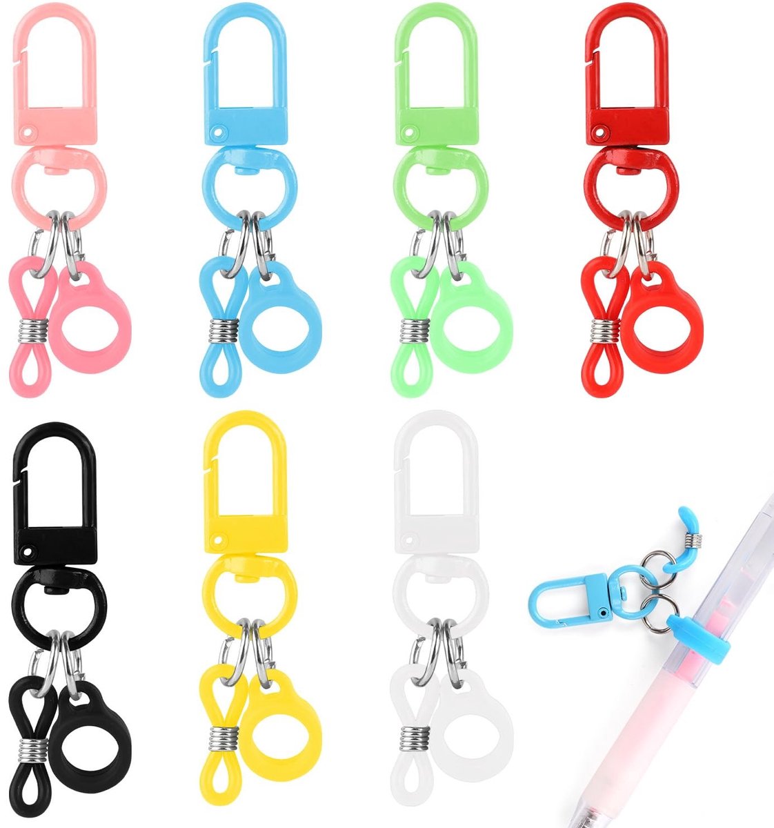 Dailygoods- Penhouder Badgeclips 7 Stuks - Mini Intrekbare Penclips - Badge Reel Clips - Siliconen Lanyard - Kleurrijk - Compact 5,5x1,8 cm - Badgeclip