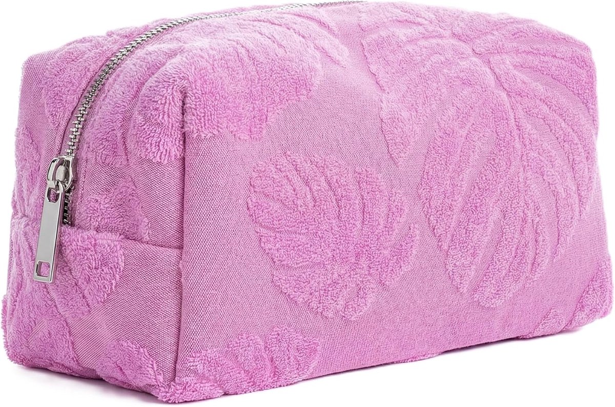 Thijox - Cosmetische tas voor dames, tropische toilettas met grote bladeren, zachte make-uptas, reisorganizer, vakantie beautycase in roze met brede o