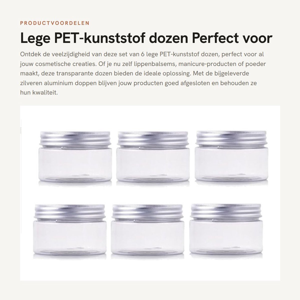 Dailygoods- PET-kunststof Dozen Set van 6 - Transparant - 50 ml/100 ml/150 ml - Aluminium Doppen - Perfect voor Cosmetica - Reisvriendelijk - Cosmeticapotjes
