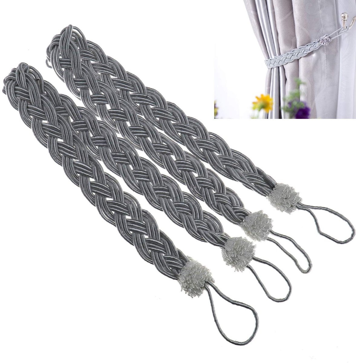 Dailygoods- Tiebacks - Gevlochten Satijn Touw - 59 cm Lang - Paar - Terughoudgordijn - Zilver - Inclusief Lussen - Gordijnhaken
