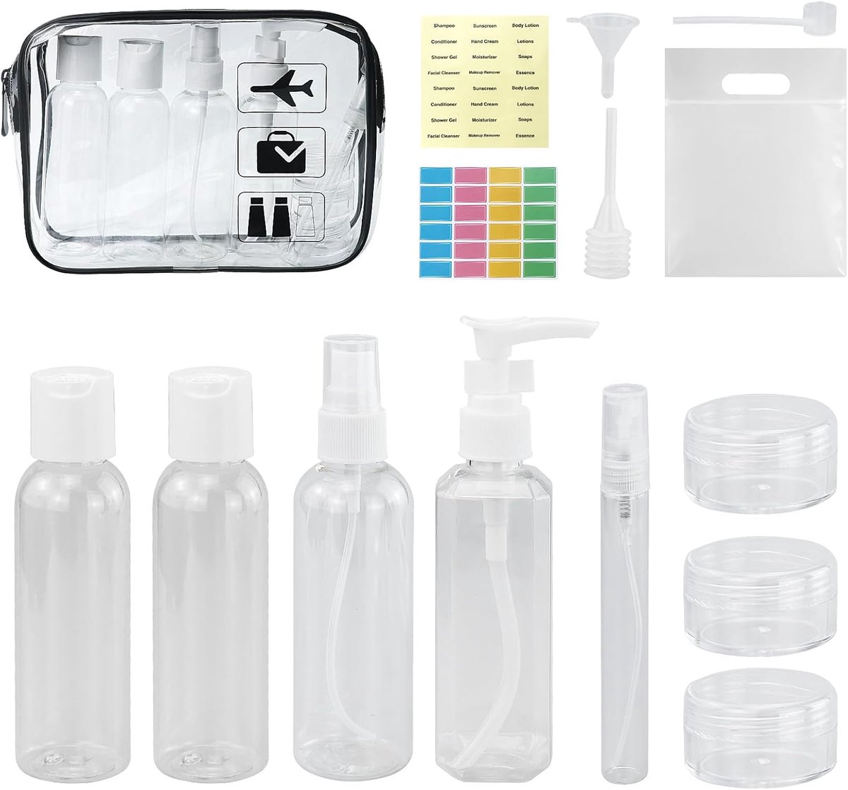 Transparent toiletry bag with 14 pieces travel bottle set, travel bottle set (100 ml) and 1 plastic bag for liquids - ShopVlot