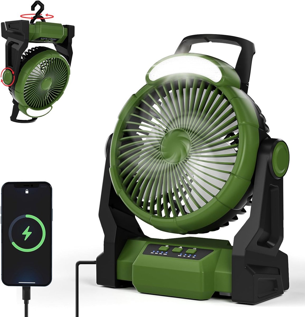 Thijox - Campingventilator 15000 mAh, Draagbare Tafelventilator met LED-lamp, 3 Snelheden, Accuventilator met Haak, Timer en 270 Graden Rotatie voor S
