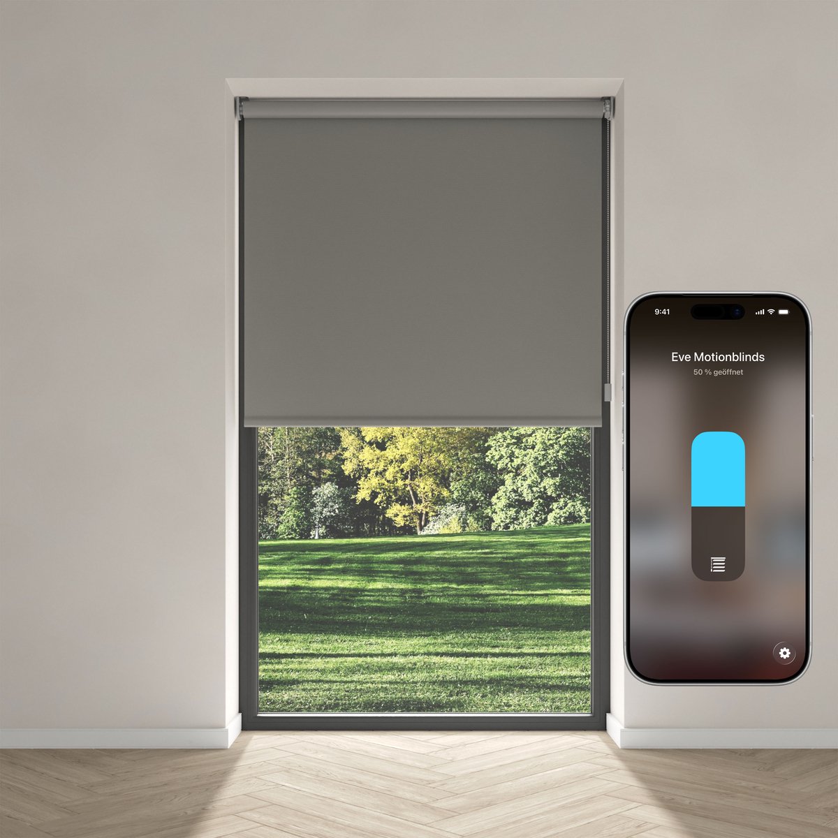 Eve Motionblinds (Matter) - Slim elektrisch rolgordijn voor binnen, app-/spraakbediening, schema's, verduisterend, oplaadbare accu, vrijhangend, schroefmontage, automatiseringen, vereist een hub, grijs - 105x190cm