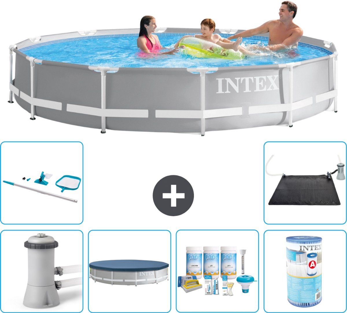 Intex Rond Prism Frame Zwembad - 366 x 76 cm - Grijs - Inclusief Pomp - Afdekzeil - Onderhoudspakket - Filter - Schoonmaakset - Solar Mat - 7-delig