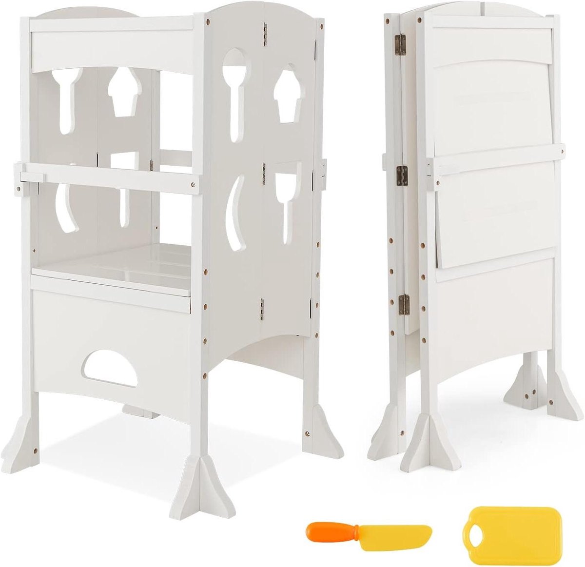 Kinder Keuken Kruk - Houten Opstapje - Onafhankelijk Leren - In Hoogte Verstelbaar - 57 x 57 cm - Wit