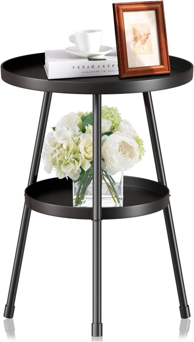 Ronde bijzettafel - Met 2 niveaus - Ruimte besparen - Stabiele metalen constructie - 38 cm hoog - Zwart