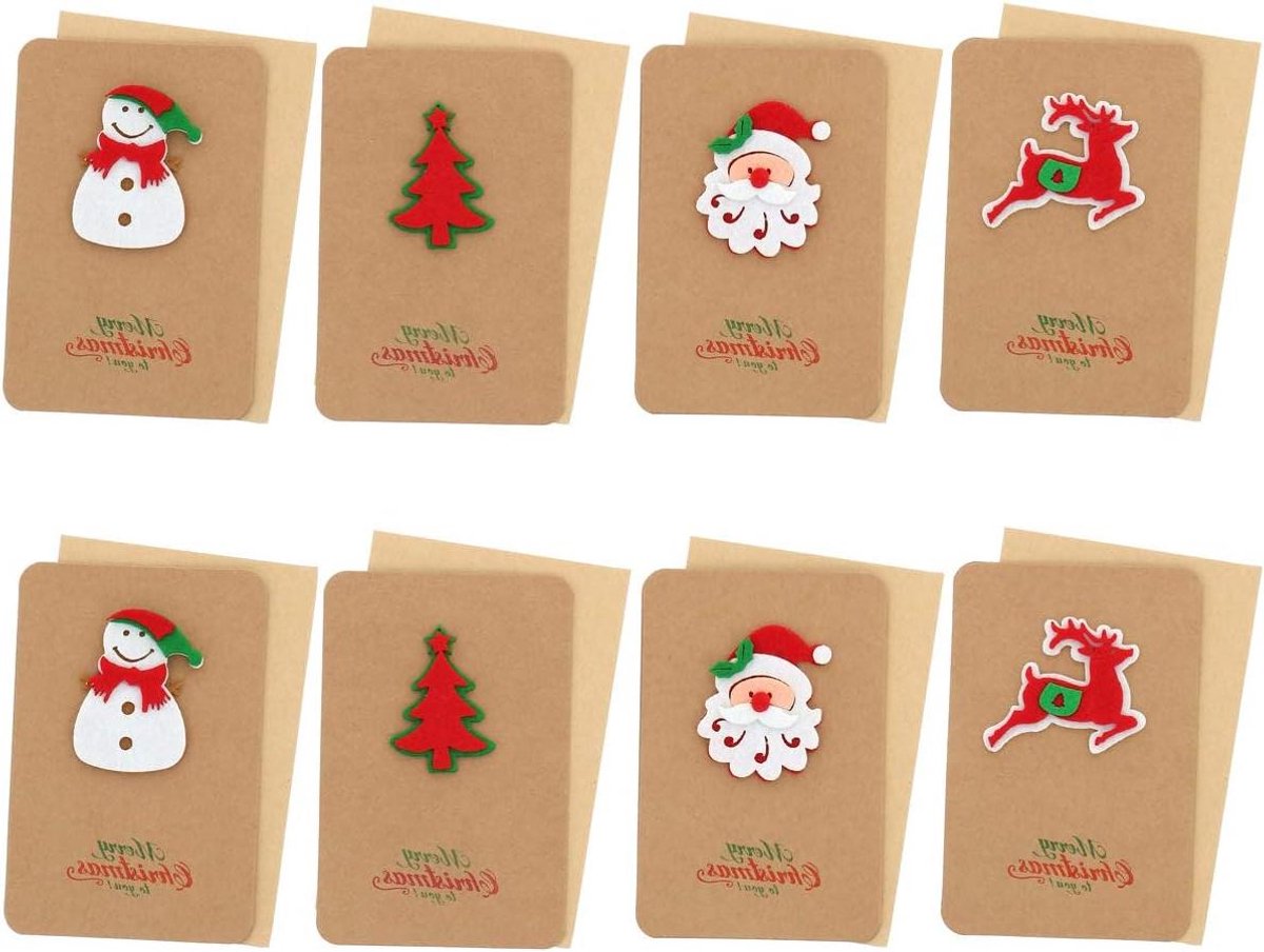 Kerstkaarten set - Wenskaarten 3D - Fijne feestdagen - Vilt reliëf design - 8 stuks - Groen rood wit
