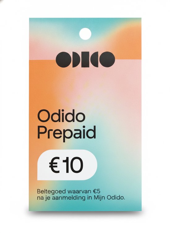 Odido Prepaid kaart met €10 beltegoed, waarvan €5 na aanmelding. Achtergrond in pastelkleuren roze, oranje, blauw, groen.