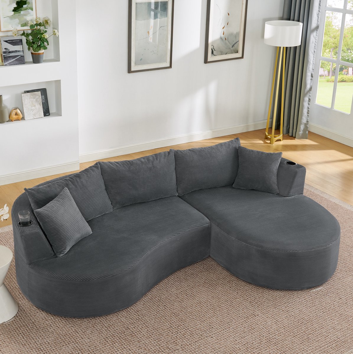 FloraGrace Hoekbank 264 x 168 cm - 3-Zits Met Rechter Chaise Longue, Drinkhouders En Kussens - Voor Woonkamer Of Kantoor - Corduroy - Grijs Gray