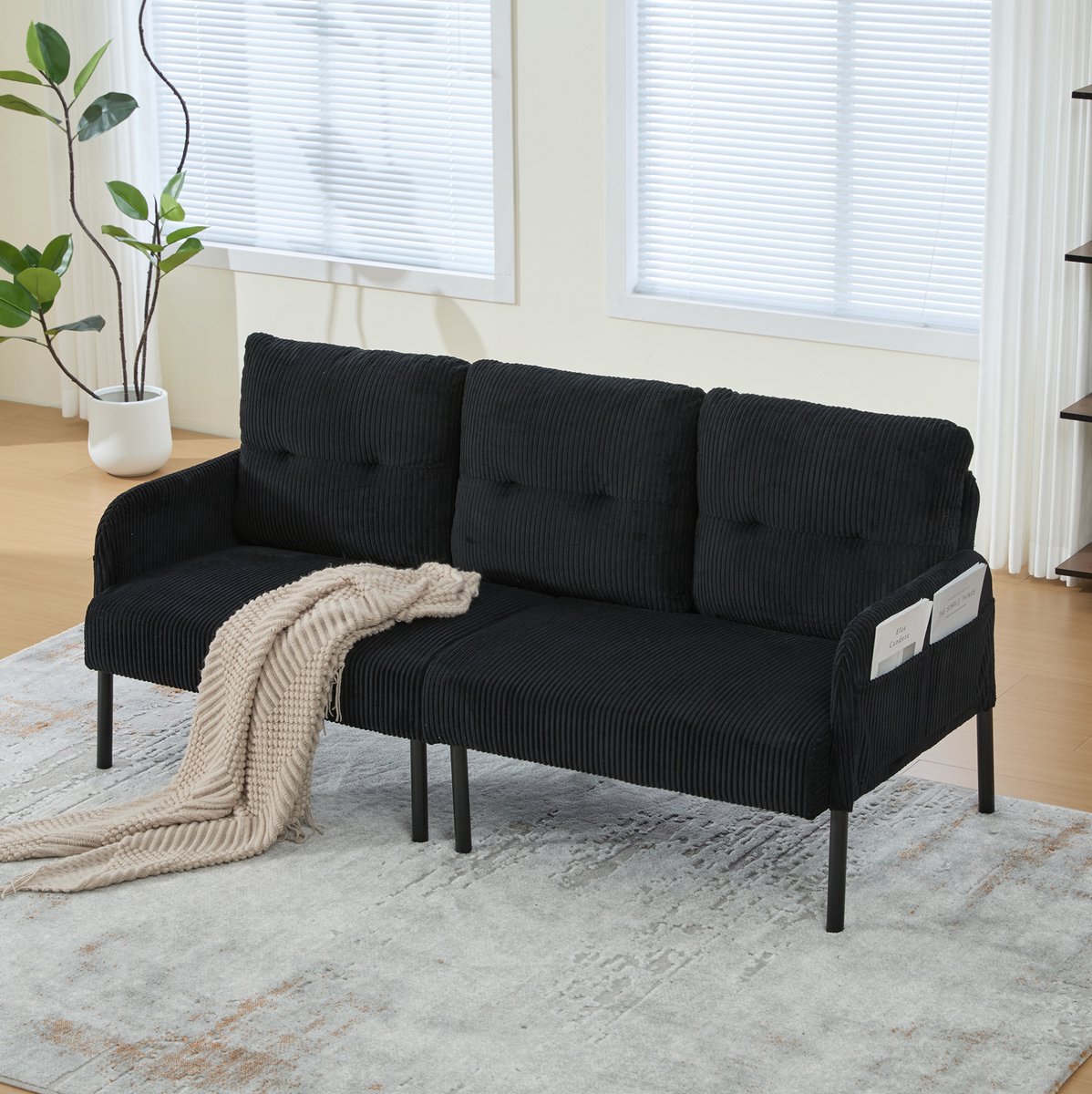 FloraGrace Zitbank 171 x 72 x 80 cm - 3-Zits Bank Met Hoge Rugleuning, Zijtas En Zachte Cordbekleding - Woonkamer Of Werkkamer - Zwart