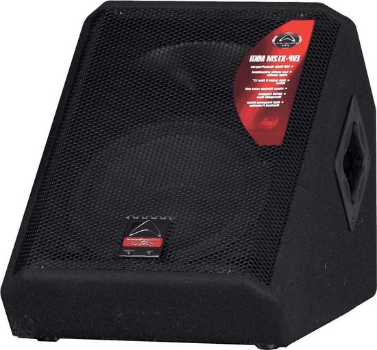 Zwarte passieve vloermonitor met metalen rooster en rode logodetails met de tekst IDM MS1X-mkII.