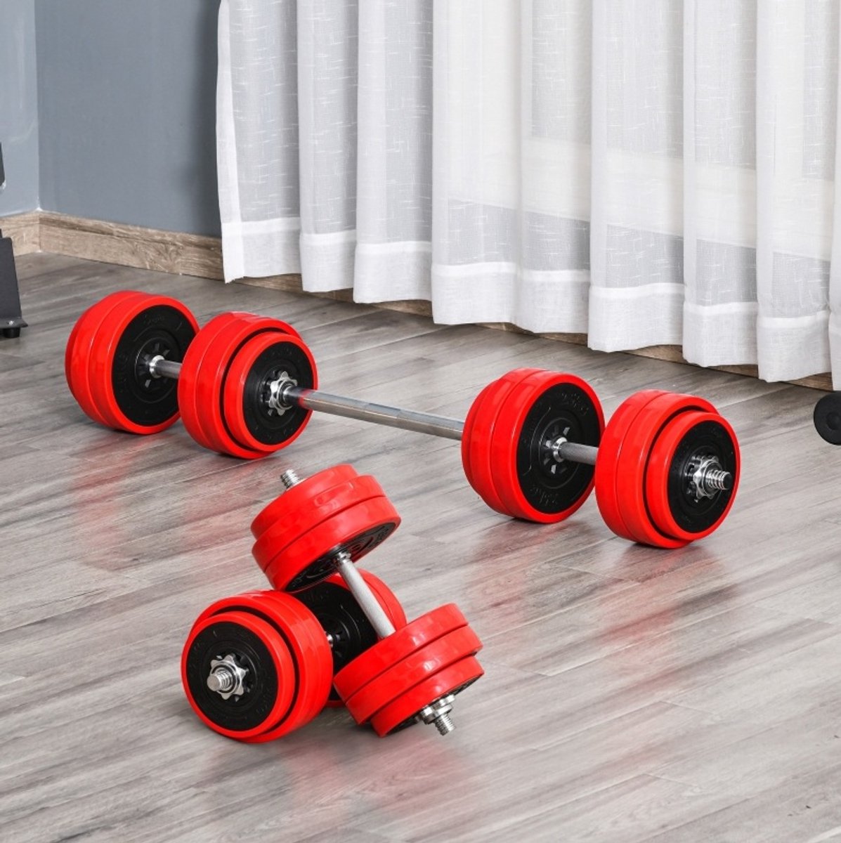 MEUNIQ verstelbare halterset 30 kg 2-in-1 halters en lange halter met gewichten voor thuisfitness, krachttraining en spiertraining, rood en zwart