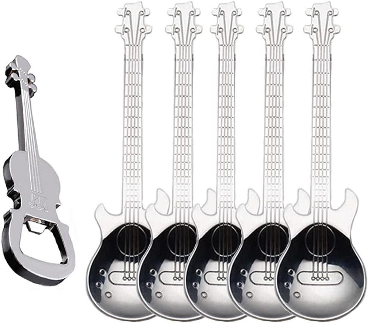 Gitaar Koffielepel - Muziek Theelepel - Drankjes Roeren - Met Opener - 12.2 cm - Zilver