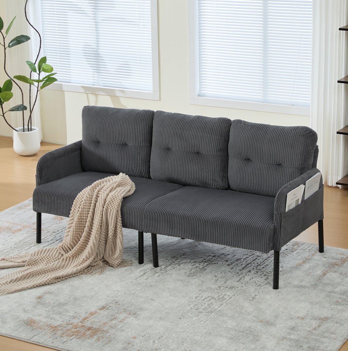 FloraGrace Zitbank 171 Cm - 3-Zits Bank Met Hoge Rugleuning En Zijvakken - Voor Woonkamer, Slaapkamer Of Werkkamer - Cord - Grijs