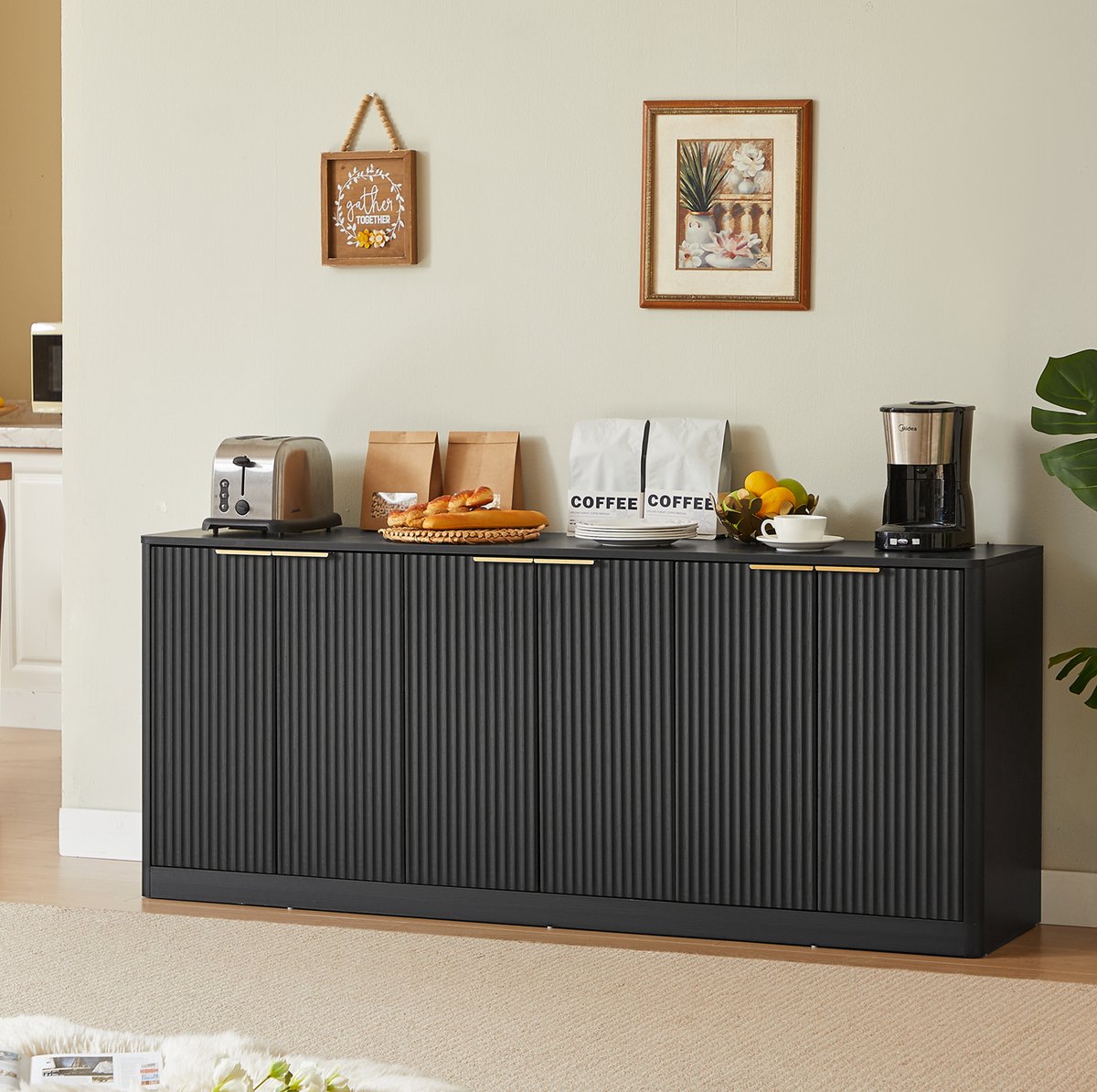 MIVRAY Dressoir - 6 Deuren Met Golfvormig Design En Veel Opbergruimte - Voor Woonkamer Keuken Of Hal - MDF - 170x40x70,5 Cm - Zwart
