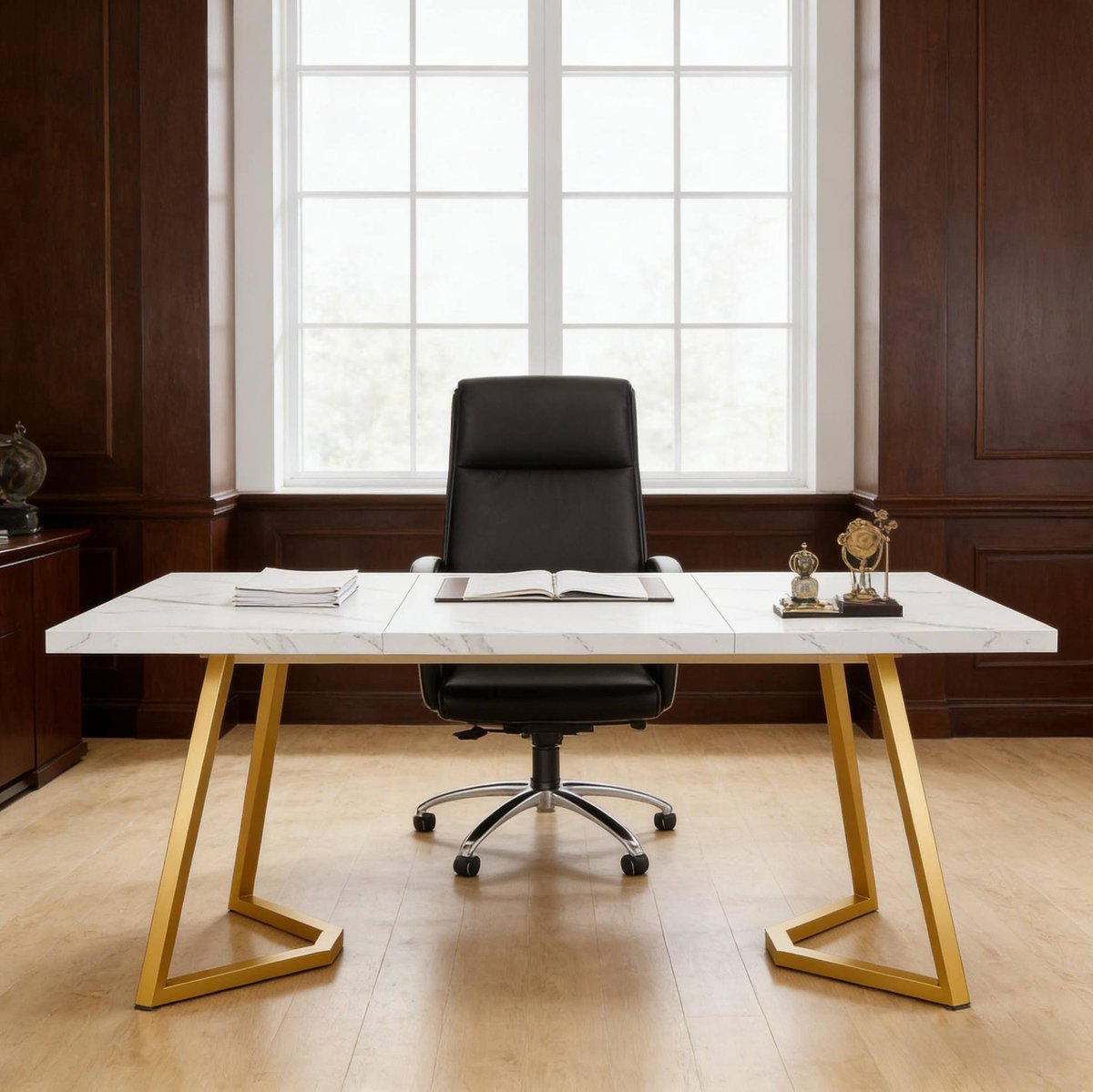 MIVRAY Bureau - Moderne Computertafel Met Marmereffect En Metalen Poten - Voor Thuiswerkplek En Kantoor - Wit Goud - 140x80x75 Cm