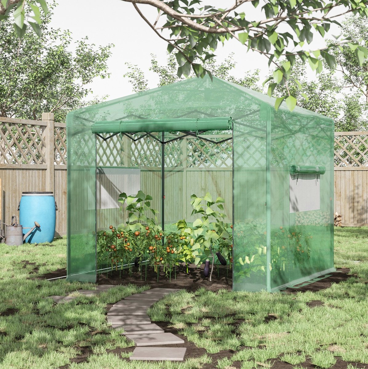 MEUNIQ Tomatenkas 238 x 178 x 240 cm met oproldeur, 2 oprolbare raamvensters, PE-afdekking en stalen frame, inklapbare tuinkas voor planten kweek en tuin, groen