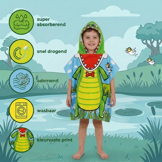 Poncho Handdoek - Badponcho - Krokodil - Zomer Badcape - Omslagdoek - Handdoek Met Capuchon - Strandhanddoek - Polyester - Jongen - Kinderen - Kinder - Peuter - Kleuter - Vanaf 3 jaar — afbeelding 4