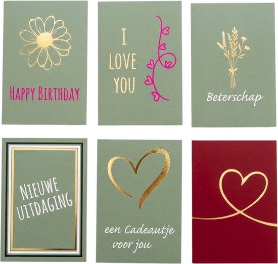 Set van 6 groene en rode kaarten met gouden en roze opdruk, zoals een bloem en tekst.