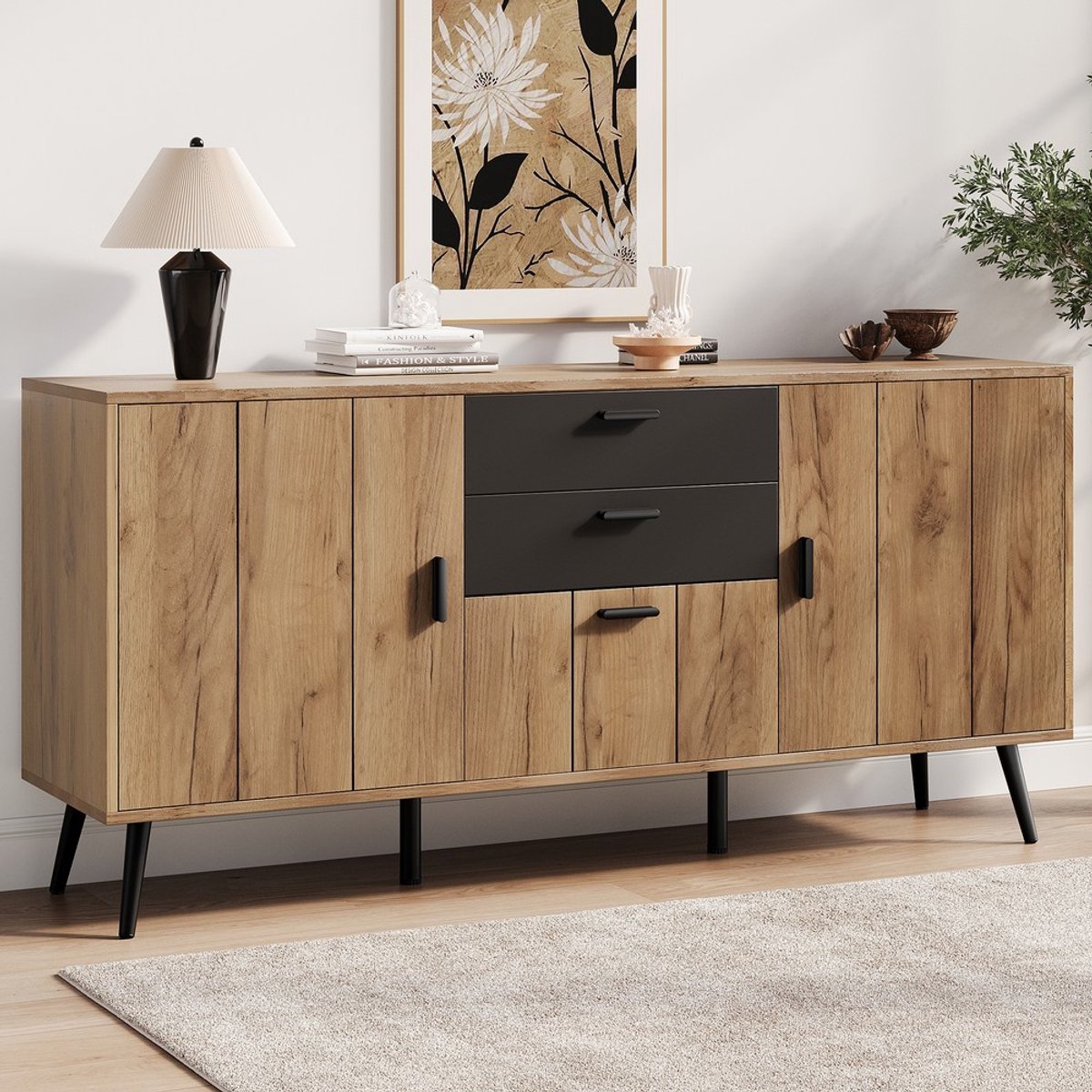 KOMHTOM Dressoir - Zwart en Houtkleur - Modern - 2 Lades en 3 Deuren - Sideboard voor Woonkamer, Eetkamer en Keuken - 140x35x67 cm - Commode met Groot Werkblad - Industrieel Design - MDF - Opbergkast